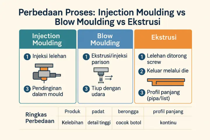 Ilustrasi Perbedaan Injection, Blow Moulding &amp; Ekstrusi Plastik